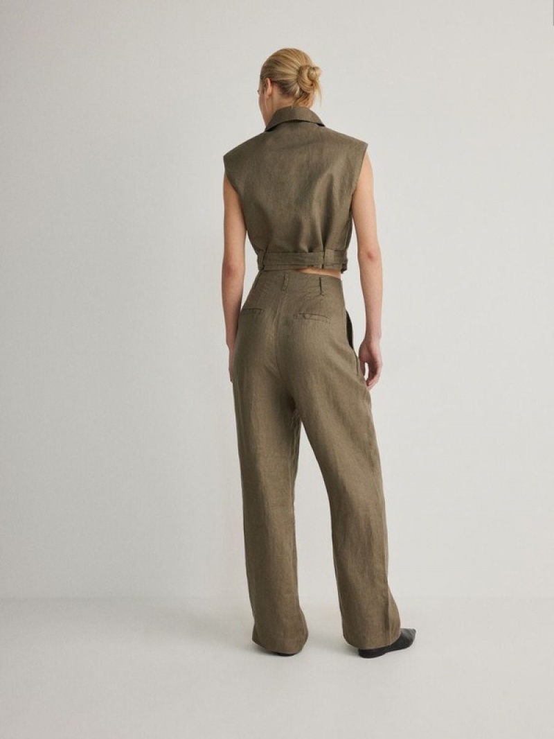 Green Women's Reserved Linen Trousers | 01295HZLD