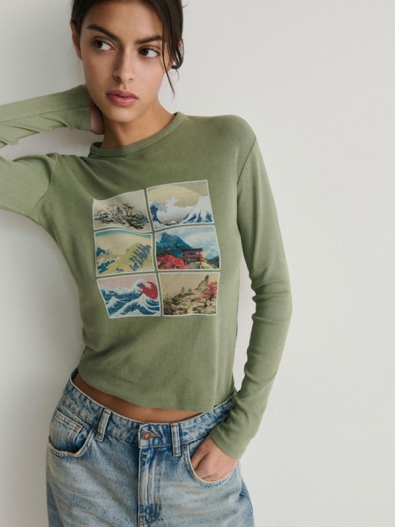 Green Women's Reserved Long Sleeve T-wash-effect Print T-shirts | 25068GXOF