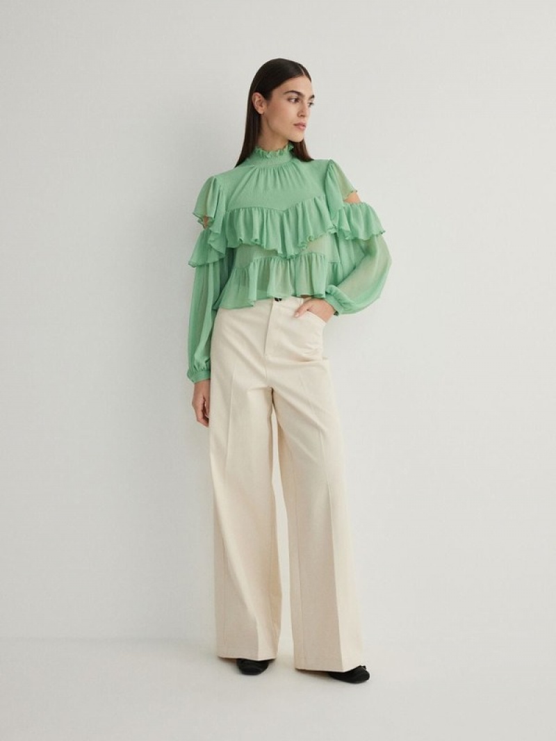 Green Women's Reserved Ruffle Shirts | 97103RVZP