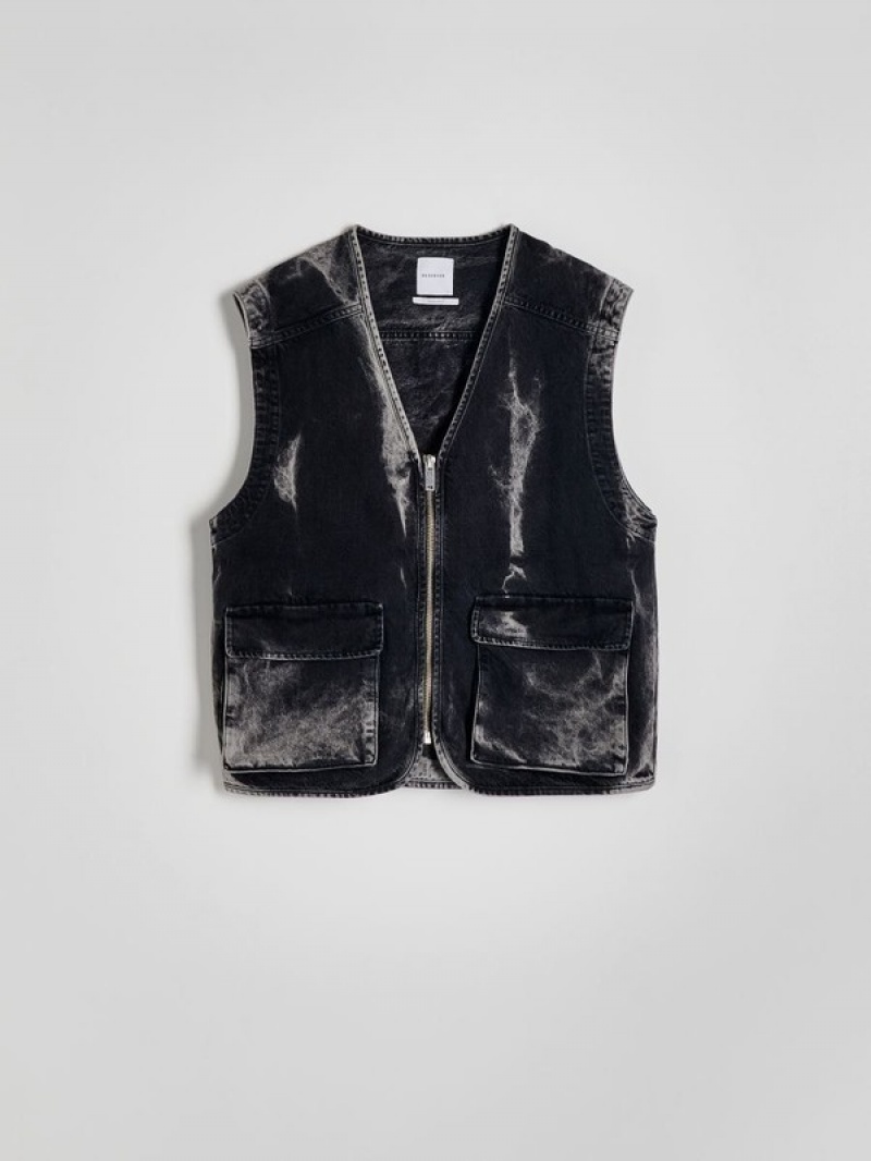 Grey Men's Reserved Denim Vests | 24596VGFM