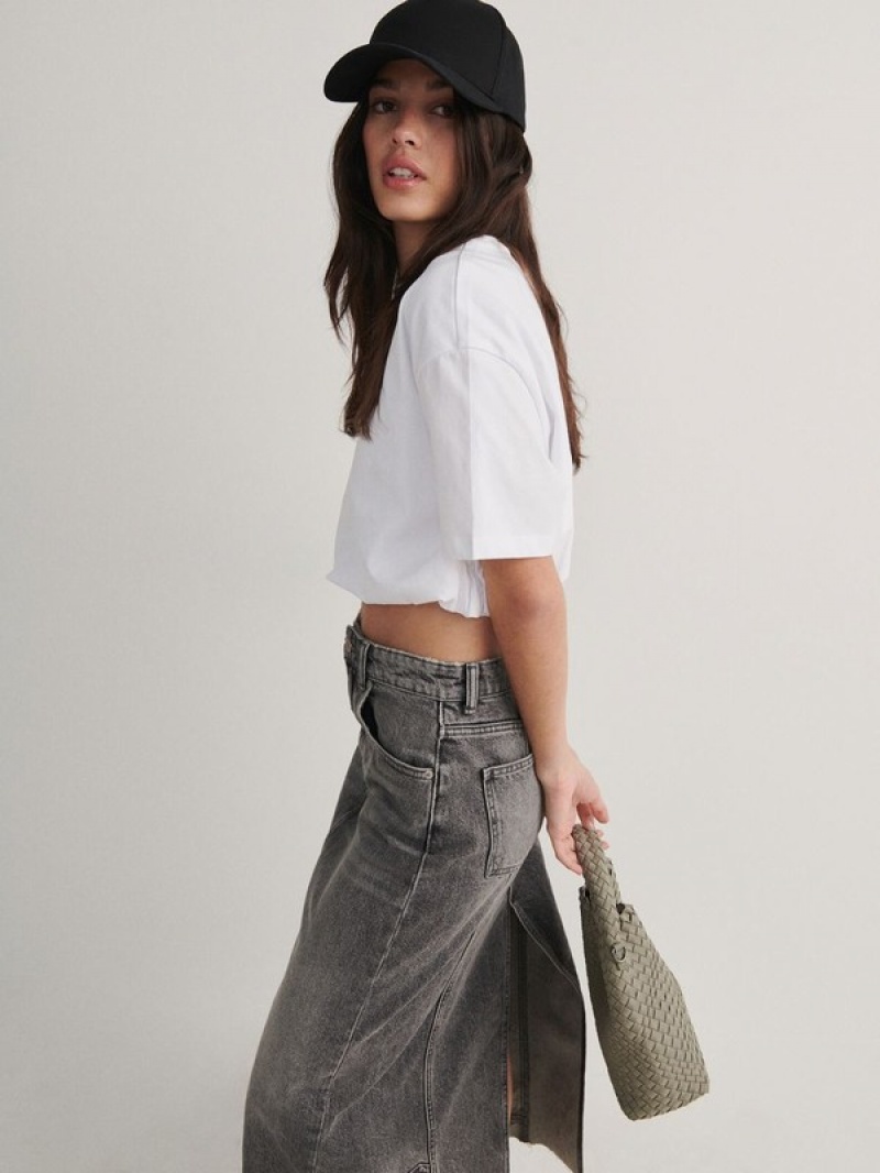 Grey Women's Reserved Denim Midi Skirts | 01387TLGS