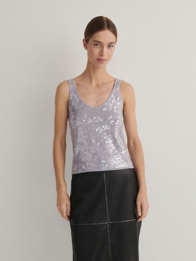 Grey Women's Reserved Sequin Top T-shirts | 31482ATHZ