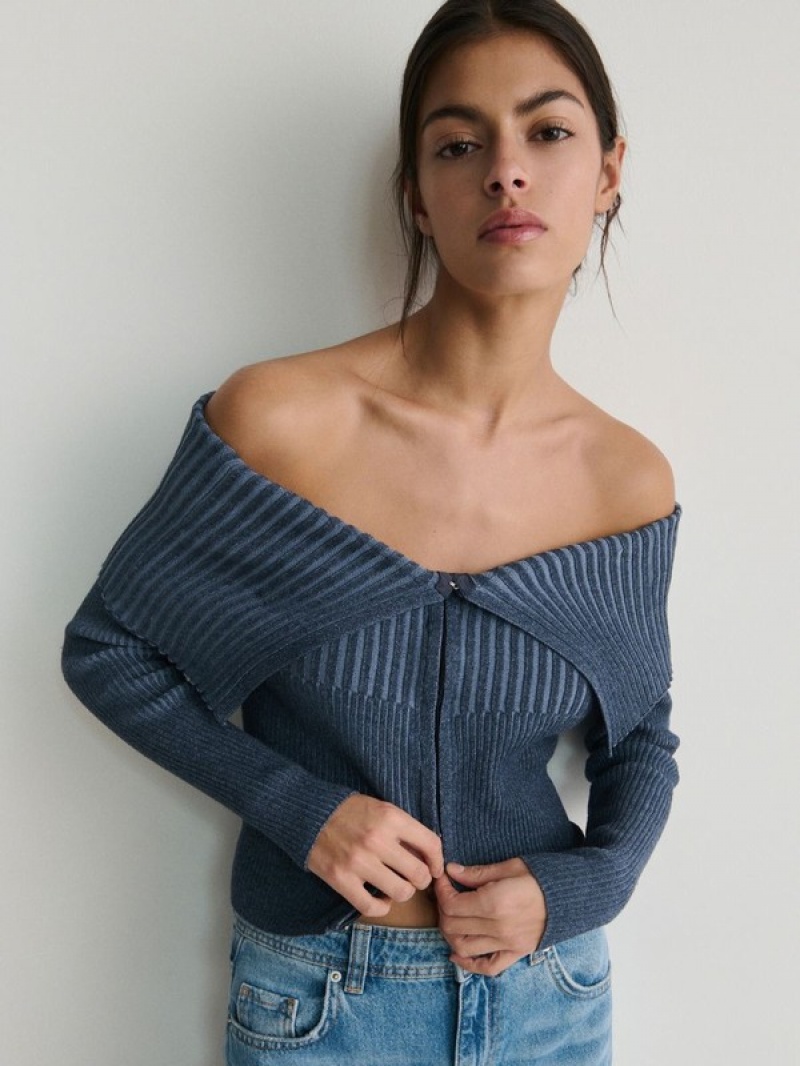 Grey / Blue Women's Reserved Collar Sweaters | 67208XRGV