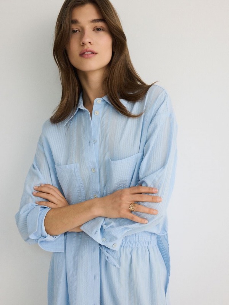 Light Blue Women's Reserved Cotton Shirts | 43917BATF