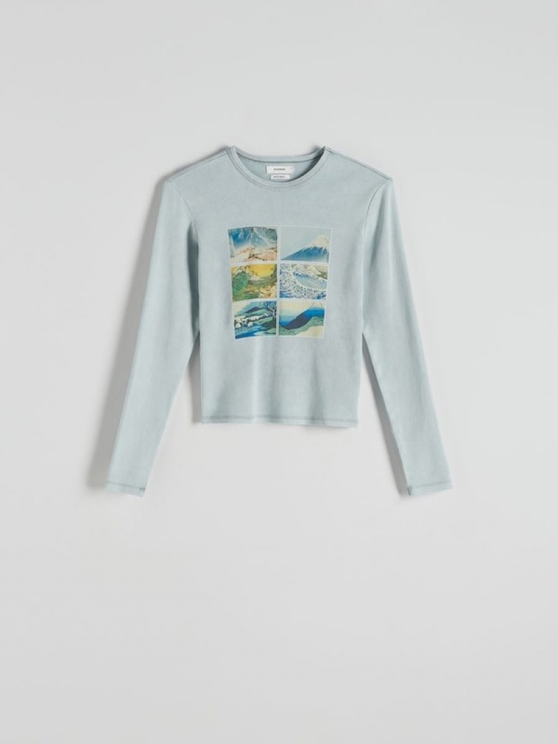 Light Blue Women's Reserved Long Sleeve T-wash-effect Print T-shirts | 48362CINU