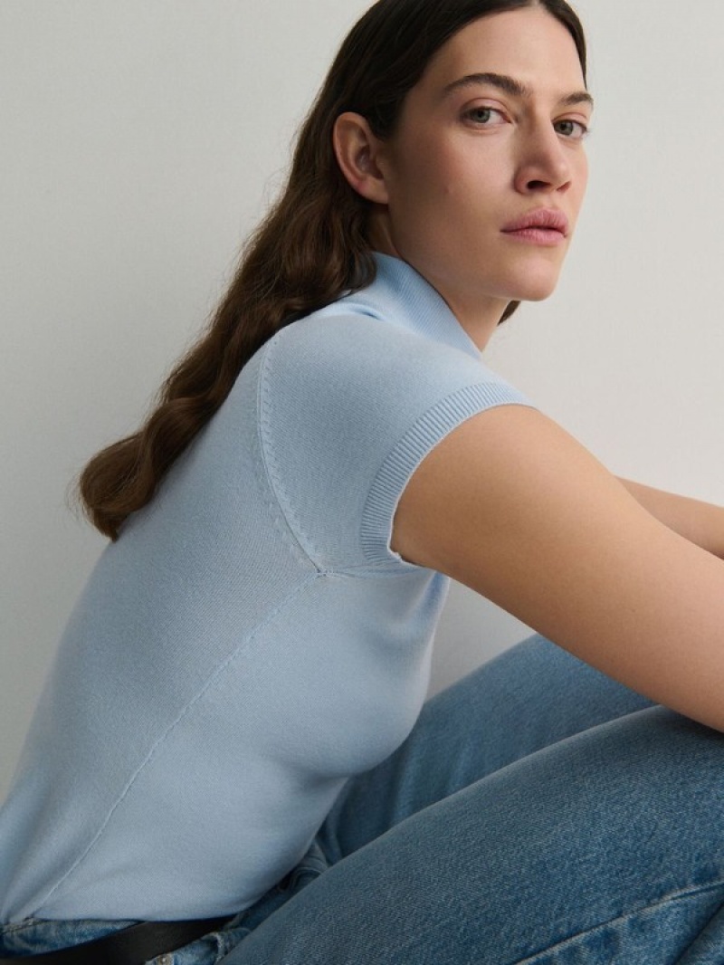 Light Blue Women's Reserved Mock Neck Shirts | 76843HMOD