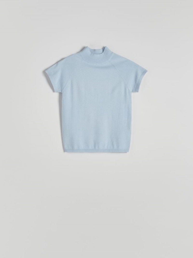 Light Blue Women's Reserved Mock Neck Shirts | 76843HMOD