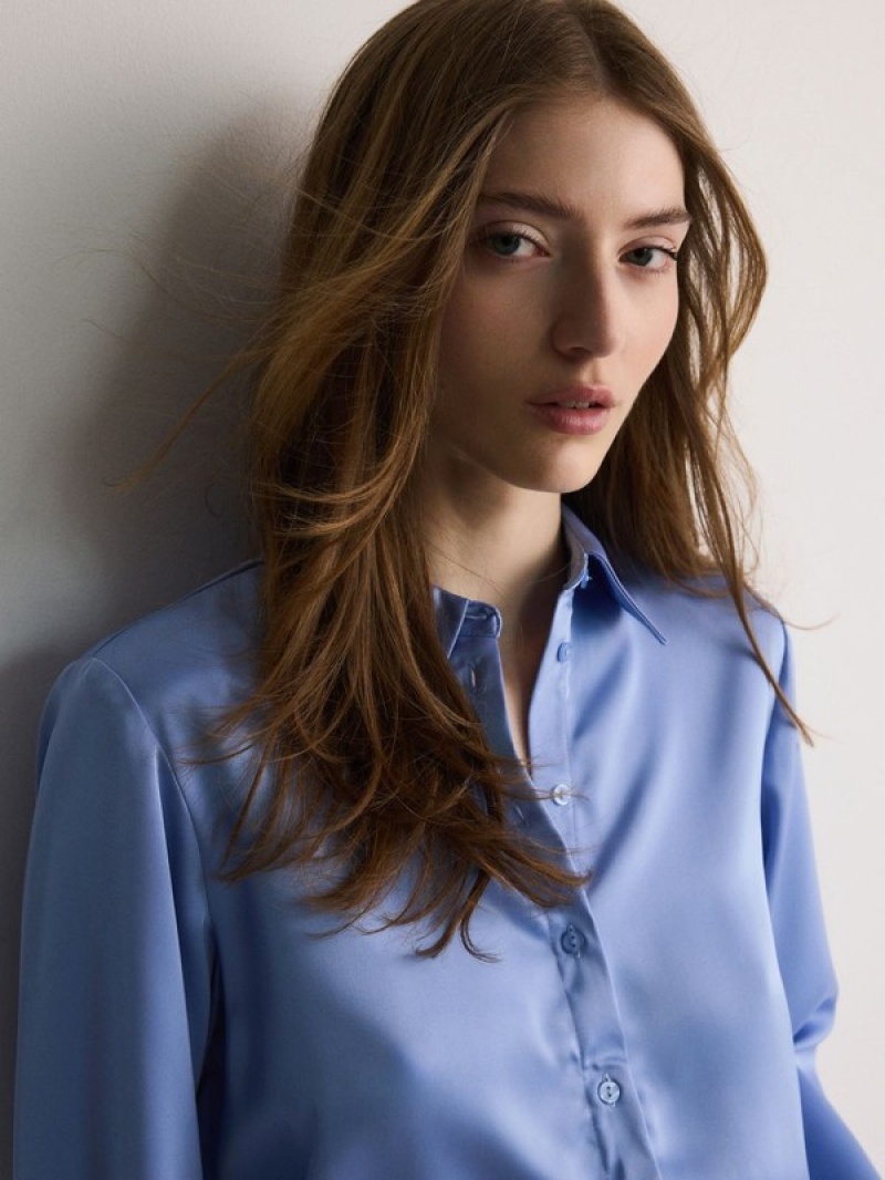 Light Blue Women's Reserved Satin Shirts | 98407UEZG