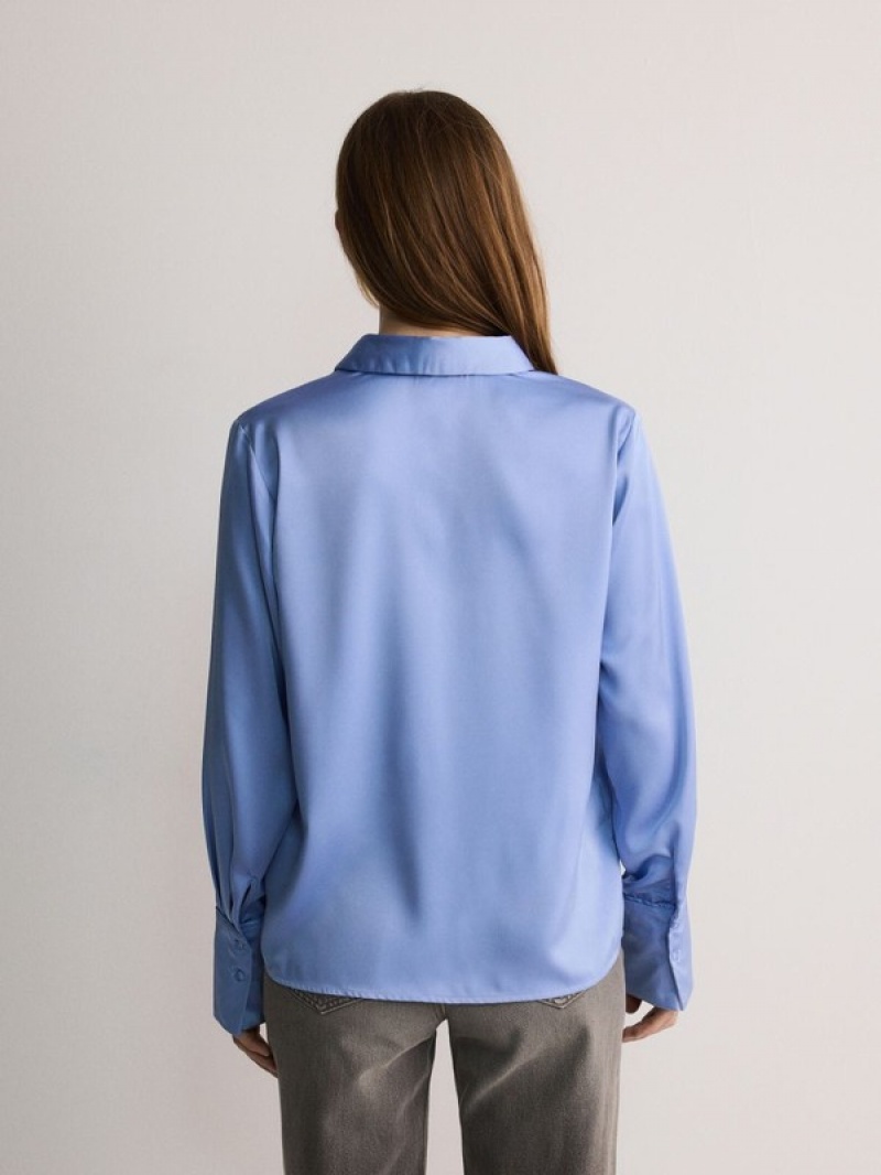 Light Blue Women's Reserved Satin Shirts | 98407UEZG