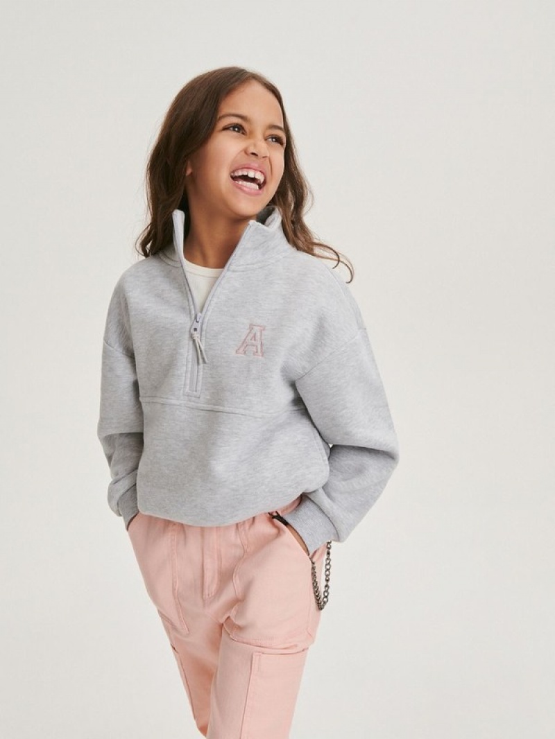 Light Grey Girls' Reserved Sweatembroidery Detailing Sweatshirts | 71065VYAL