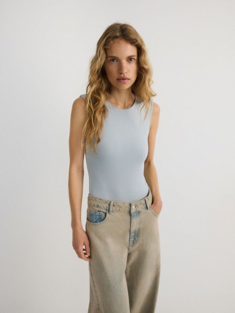 Light Grey Women's Reserved Rib Knit Jersey Body T-shirts | 81926LGMZ