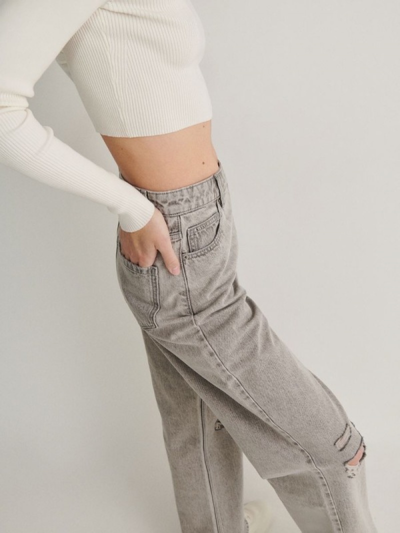 Light Grey Women's Reserved Wide Leg Distressed Jeans | 76218HYET