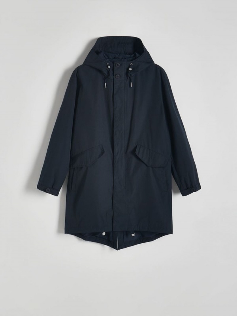 Navy Men's Reserved Hooded Parka Coats | 26431KYHN