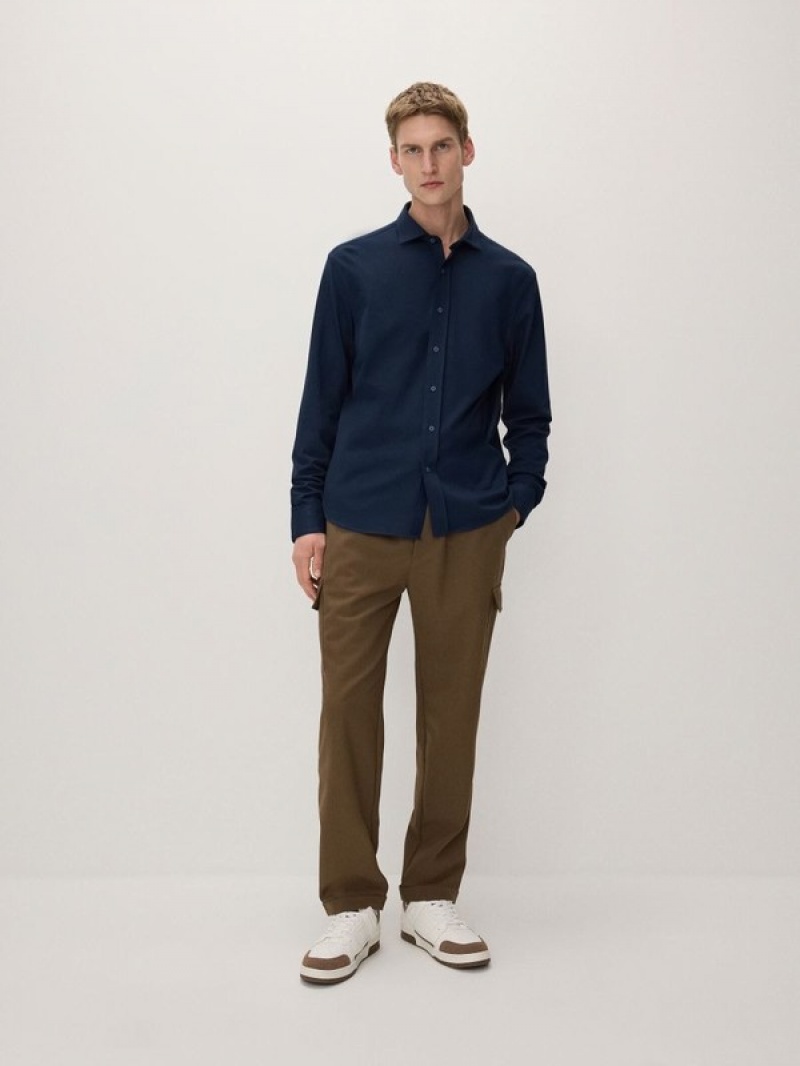 Navy Men's Reserved Slim Fit Jersey Shirts | 62945VHTO