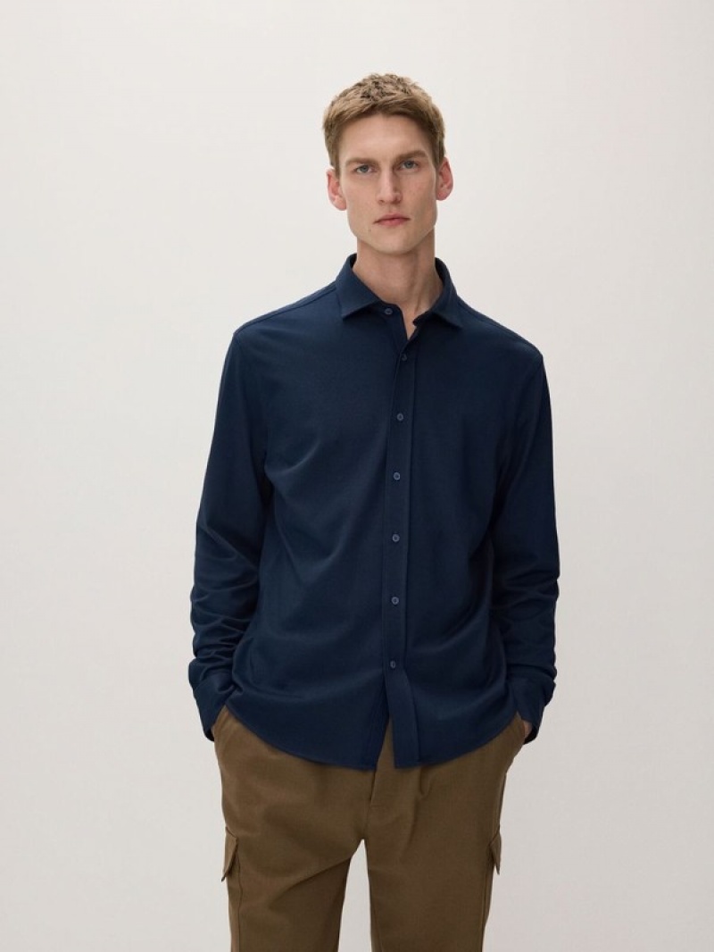 Navy Men's Reserved Slim Fit Jersey Shirts | 62945VHTO