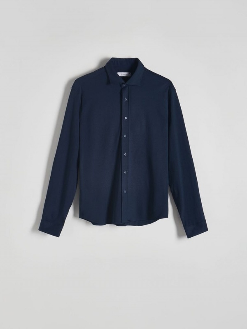 Navy Men's Reserved Slim Fit Jersey Shirts | 62945VHTO