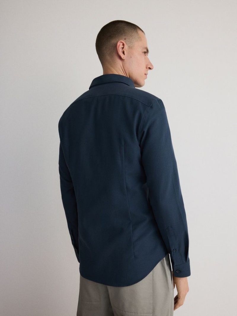 Navy Men's Reserved Slim Fit Plain Shirts | 34581RYHN