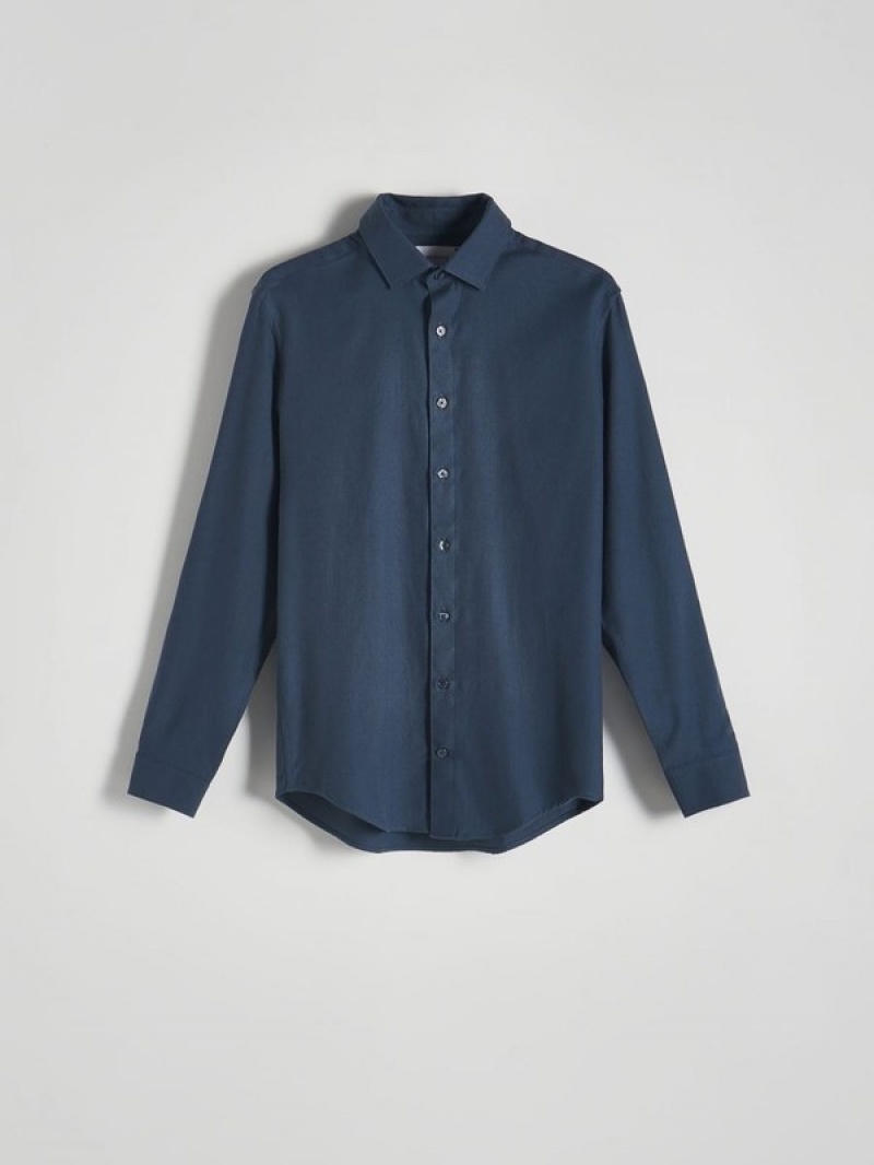 Navy Men's Reserved Slim Fit Plain Shirts | 34581RYHN