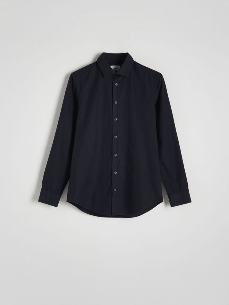 Navy Men's Reserved Slim Fit Shirts | 42607EWLM