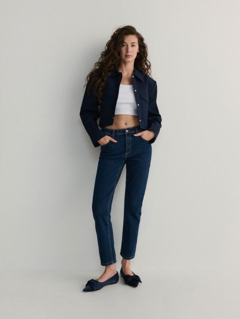 Navy Women's Reserved Boyfriend Slim Jeans | 62895LDNY