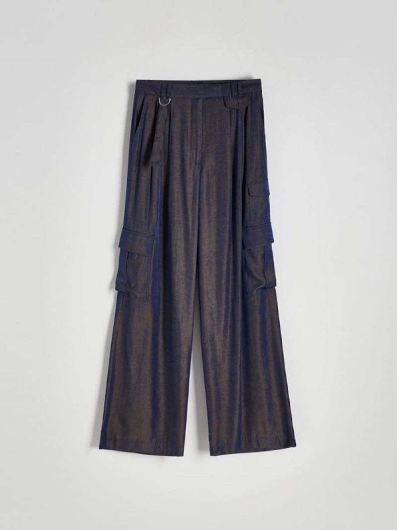 Navy Women's Reserved Cargo Style Satin Trousers | 18273SAOL