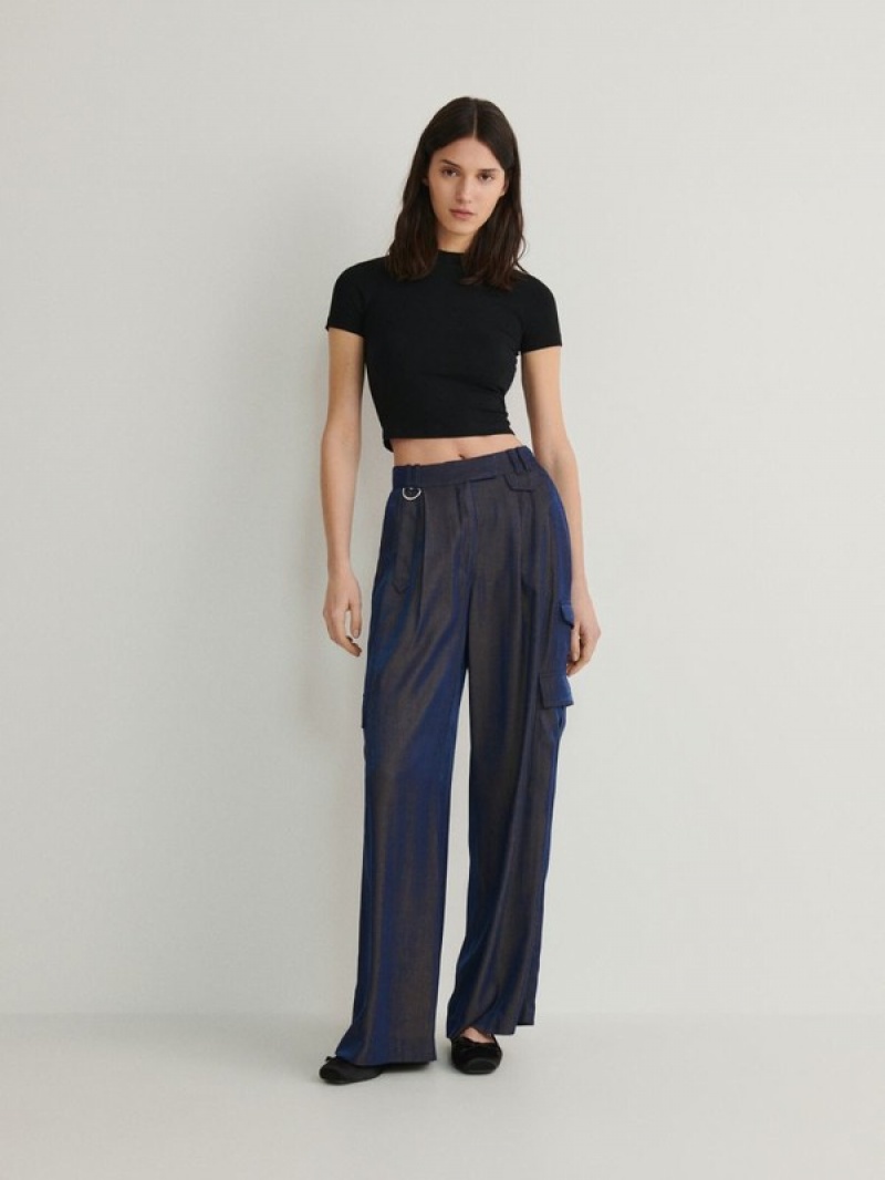 Navy Women's Reserved Cargo Style Satin Trousers | 18273SAOL