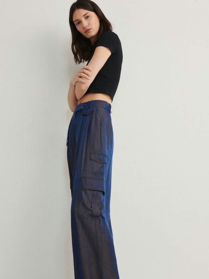 Navy Women's Reserved Cargo Style Satin Trousers | 18273SAOL