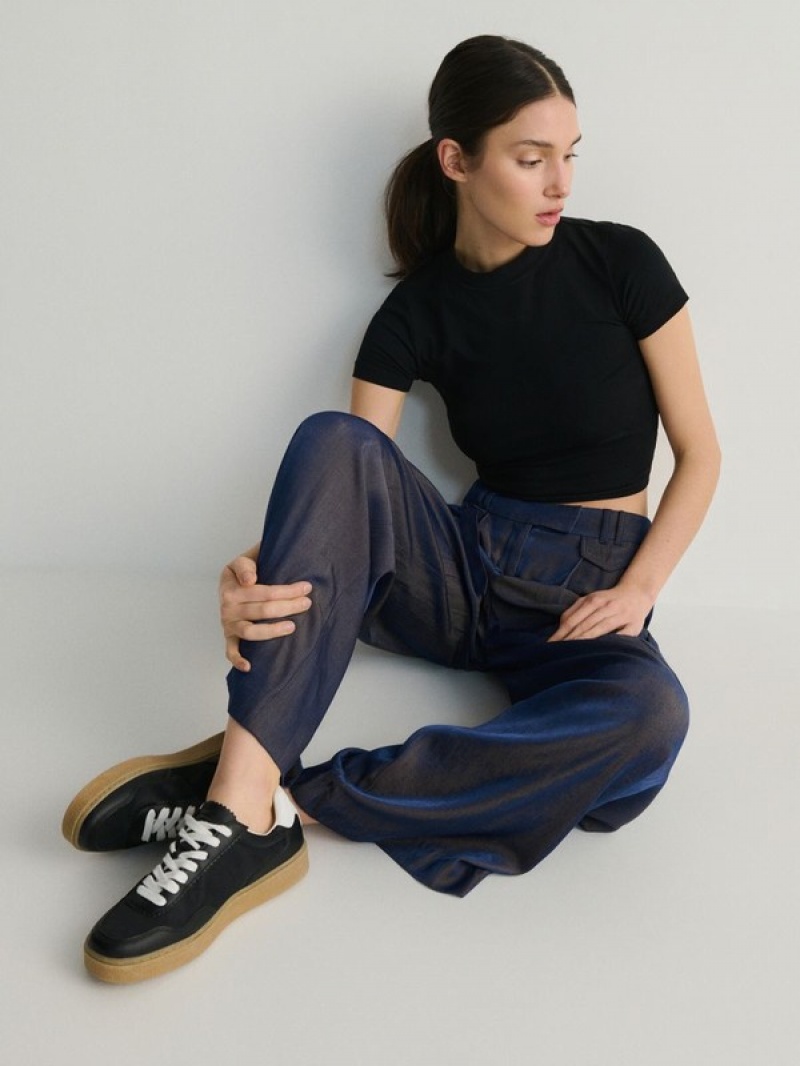 Navy Women's Reserved Cargo Style Satin Trousers | 18273SAOL