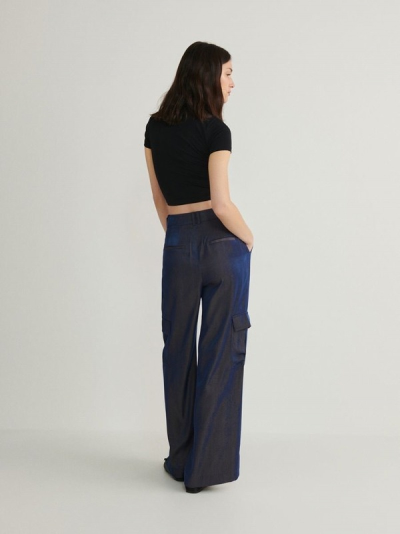 Navy Women's Reserved Cargo Style Satin Trousers | 18273SAOL