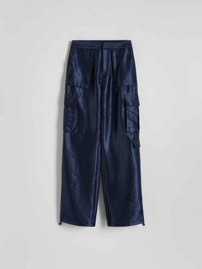 Navy Women's Reserved Cargodecorative Pockets Trousers | 83701KCWG