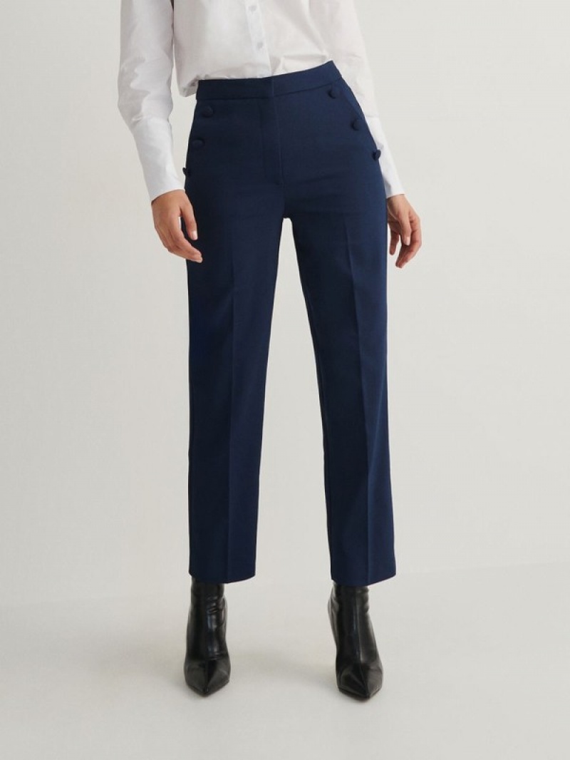 Navy Women's Reserved Cotton Richpressed Crease Trousers | 94235WRGK