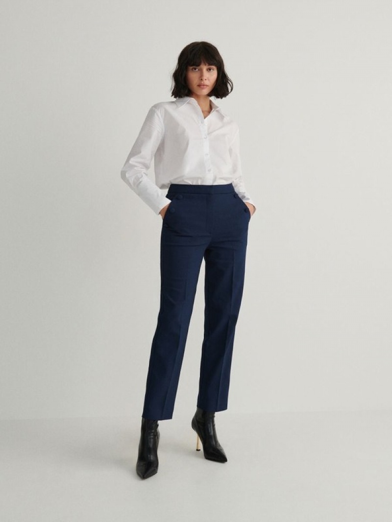 Navy Women\'s Reserved Cotton Richpressed Crease Trousers | 94235WRGK