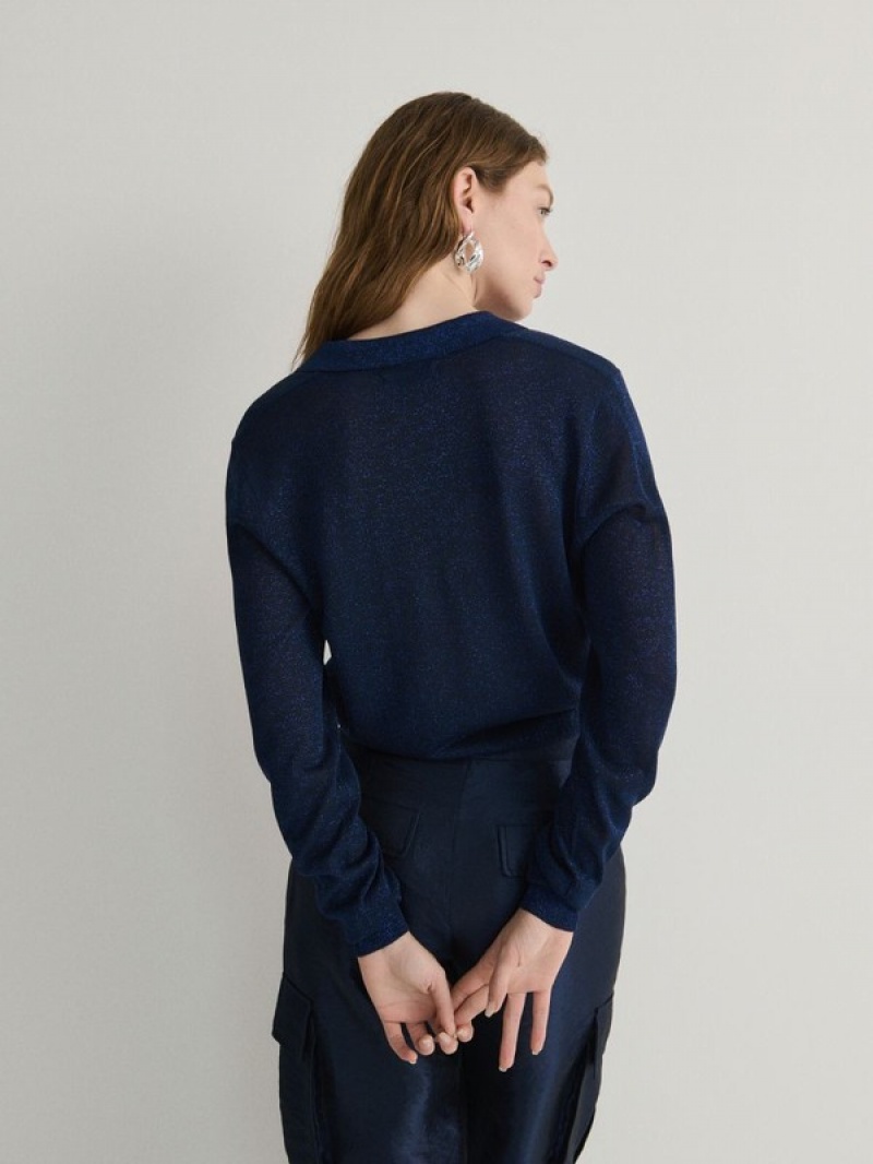 Navy Women's Reserved Glittery Viscose Rich Sweaters | 98631HMKE