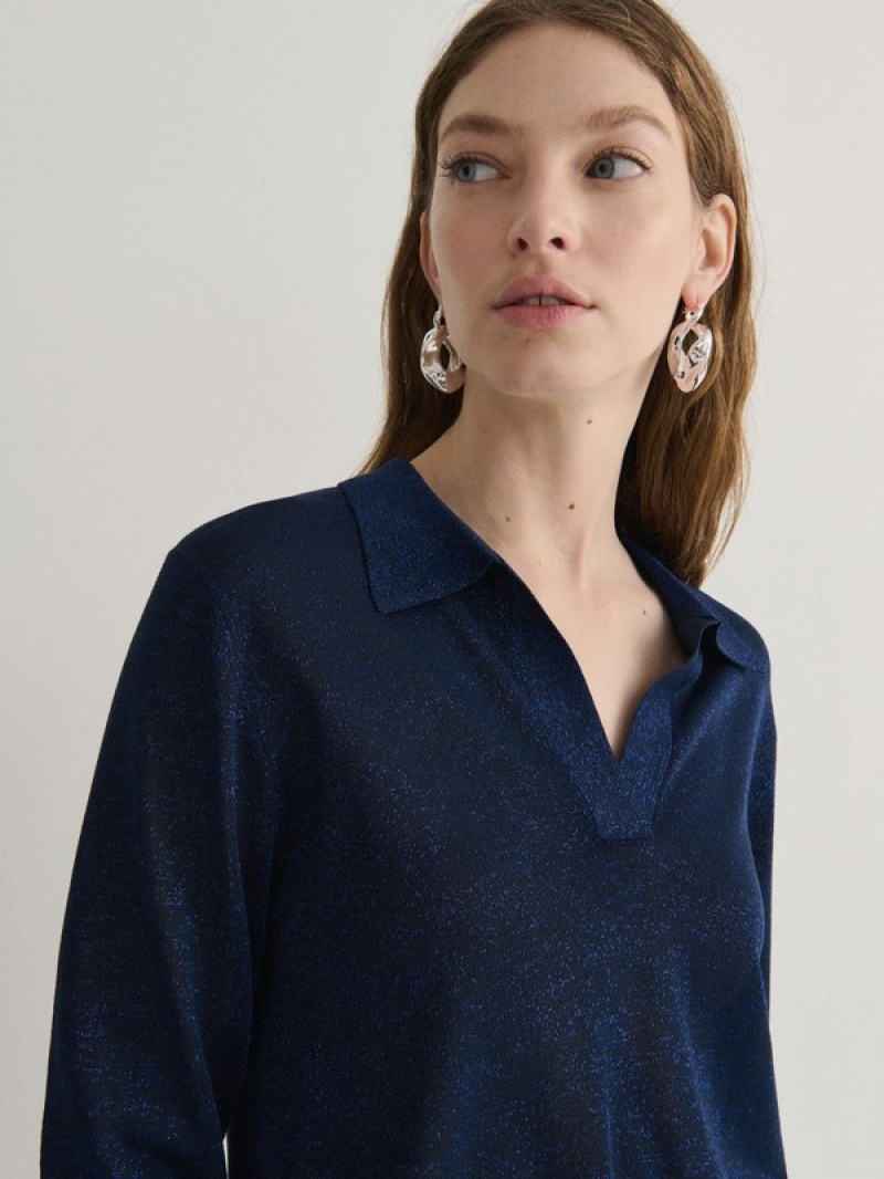 Navy Women's Reserved Glittery Viscose Rich Sweaters | 98631HMKE