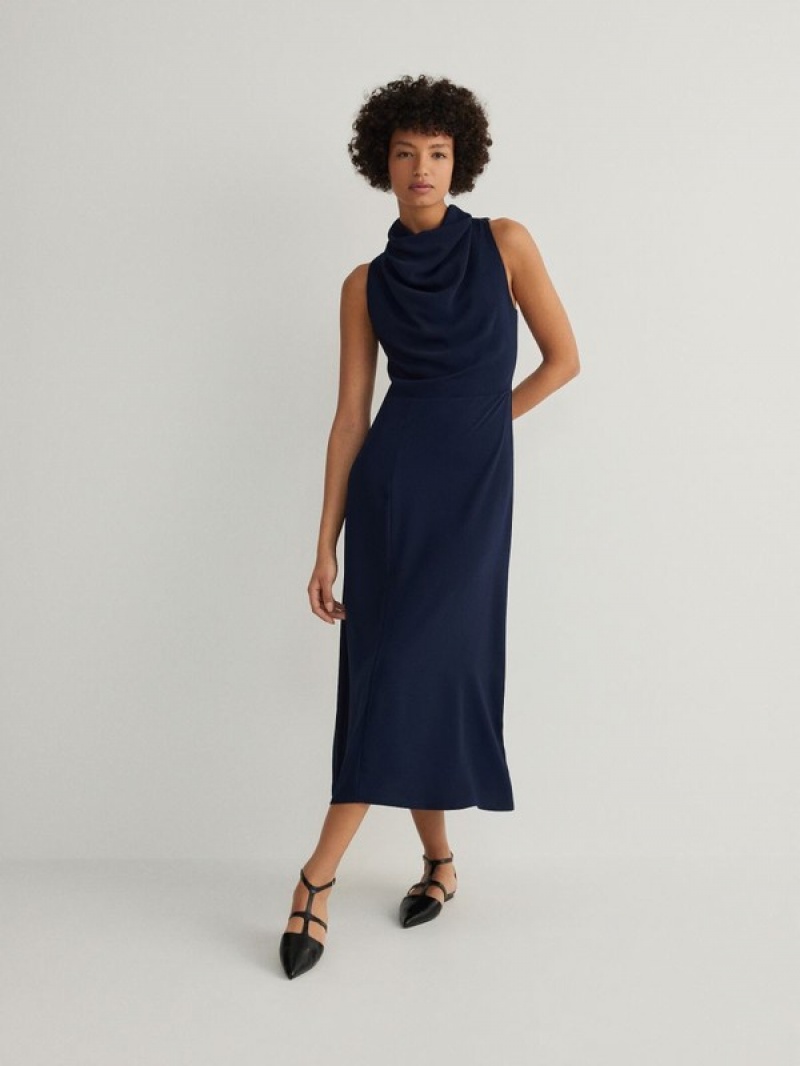 Navy Women's Reserved Midi Halter Dress | 40869BNGS