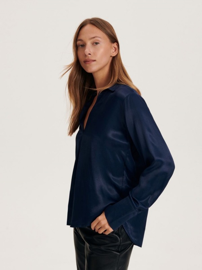 Navy Women's Reserved Viscose Shirts | 59140UVWZ