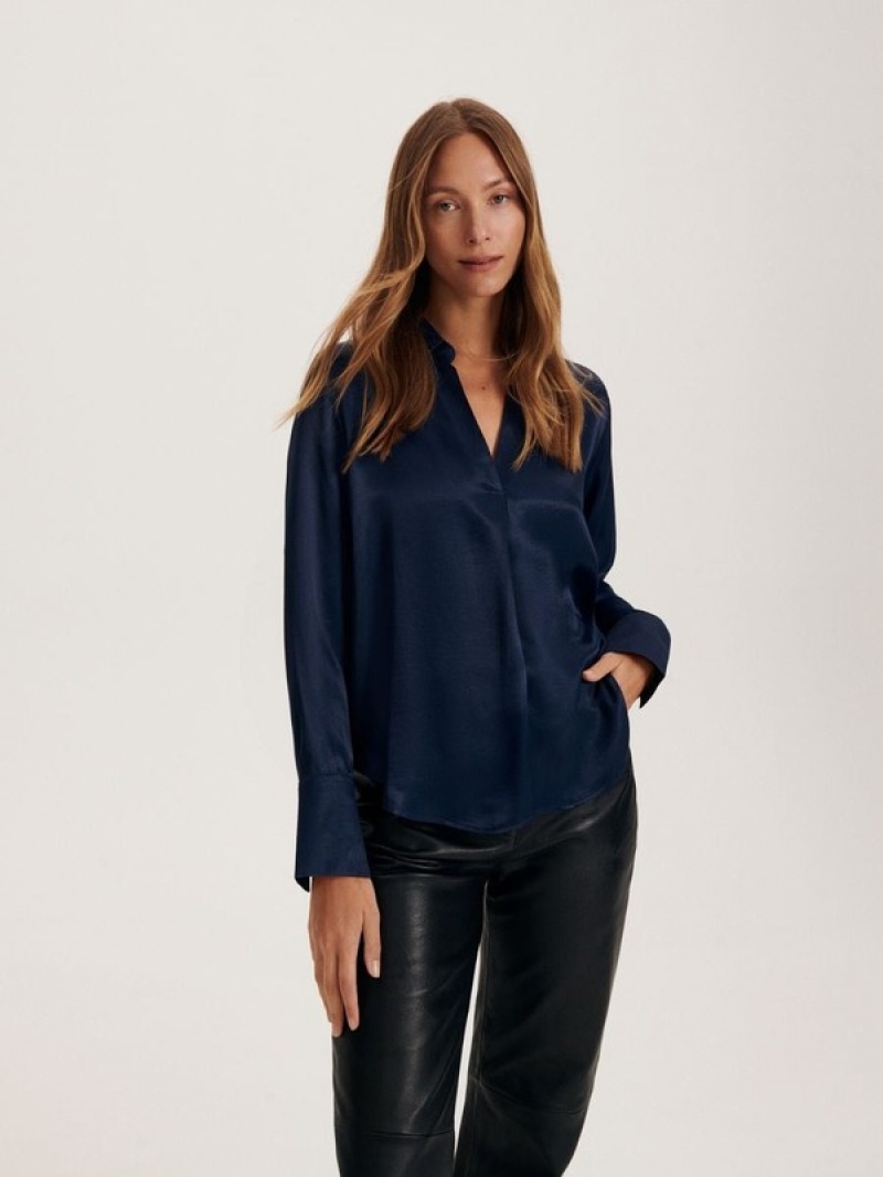 Navy Women's Reserved Viscose Shirts | 59140UVWZ