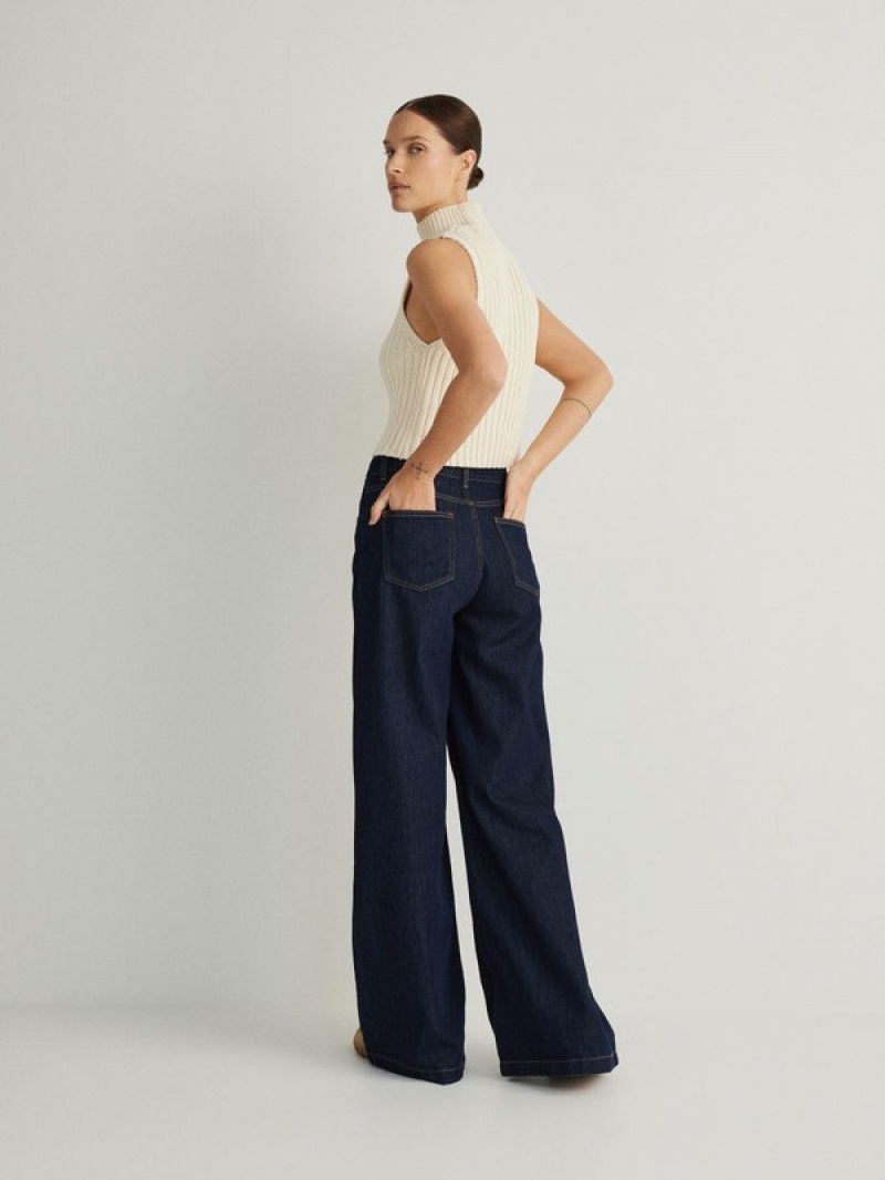 Navy Women's Reserved Wide Leg Jeans | 30562VOFB