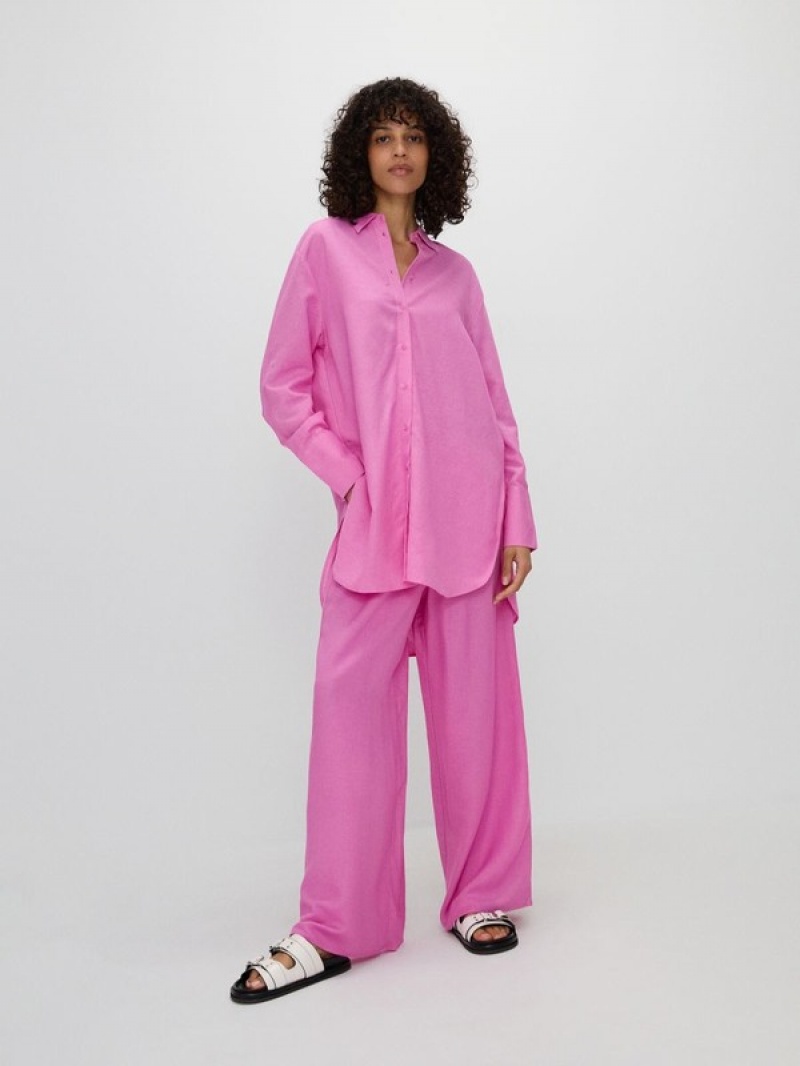 Pink Women's Reserved Longline Viscose Rich Shirts | 85132GTSQ