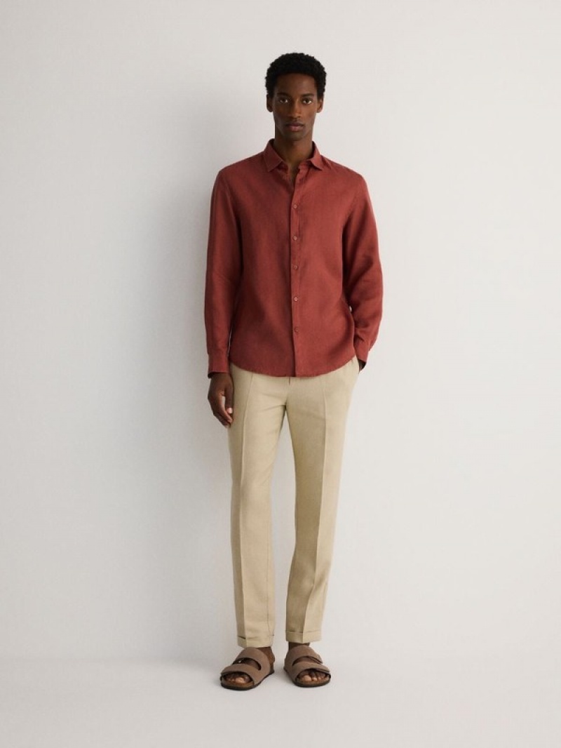 Red Men's Reserved Regular Fit Linen Shirts | 65947IQTR