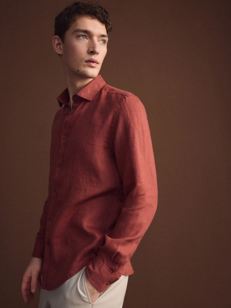 Red Men's Reserved Regular Fit Linen Shirts | 32765HKTC