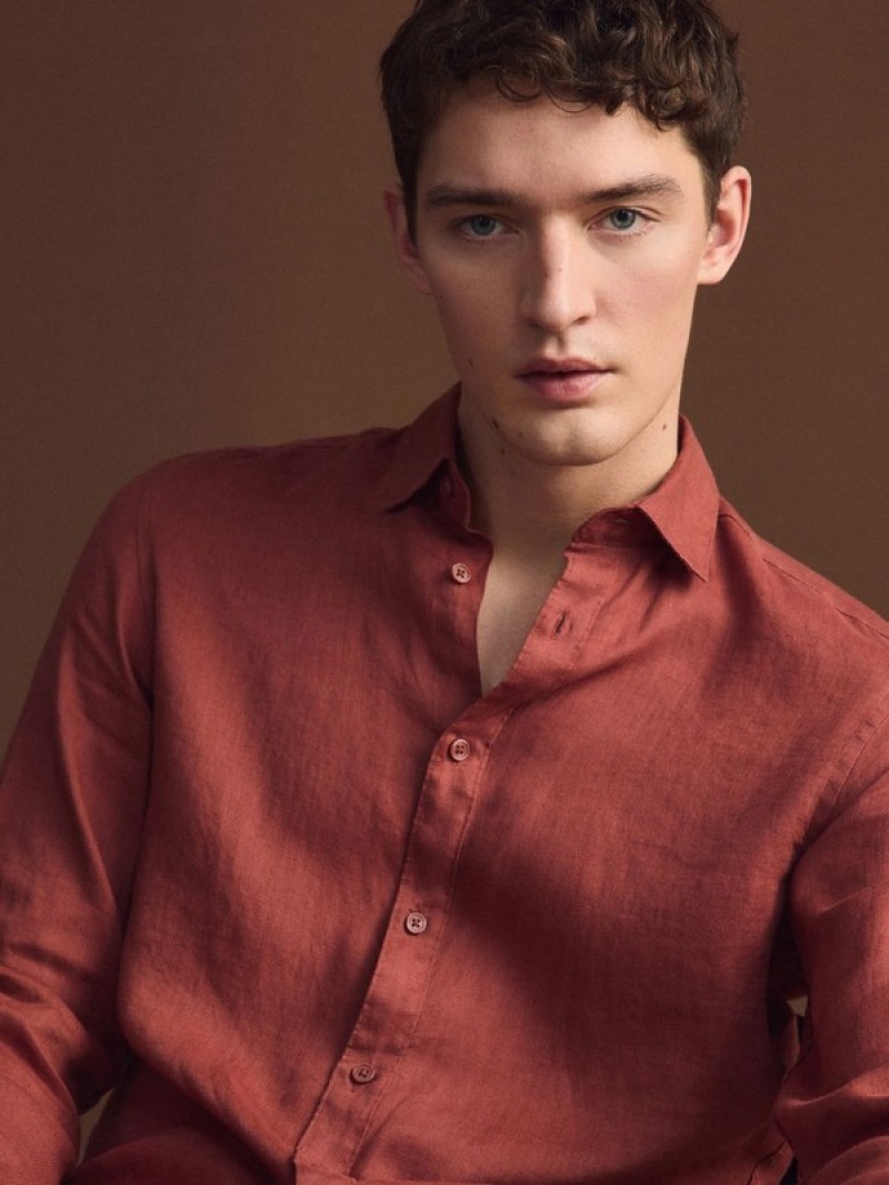 Red Men's Reserved Regular Fit Linen Shirts | 32765HKTC