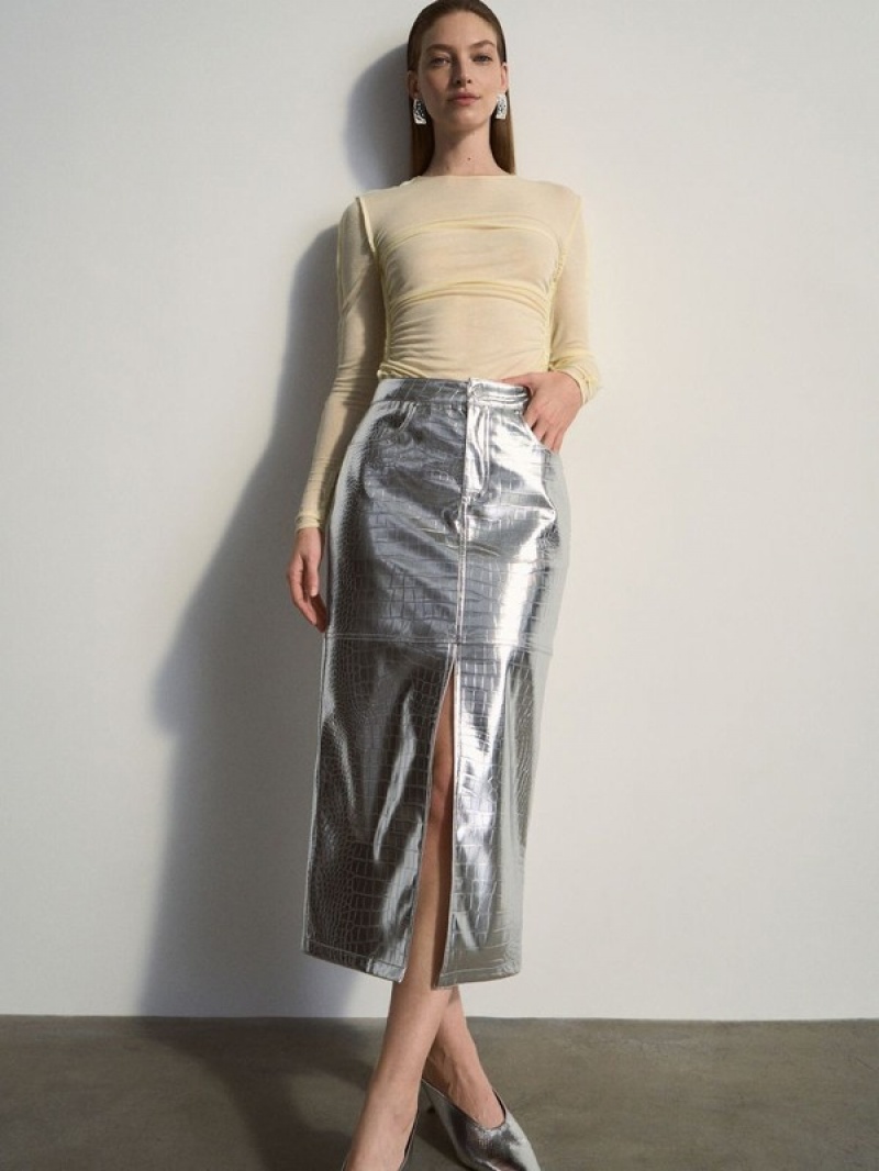 Silver Women's Reserved Metallic Faux Leather Skirts | 86149UTKI