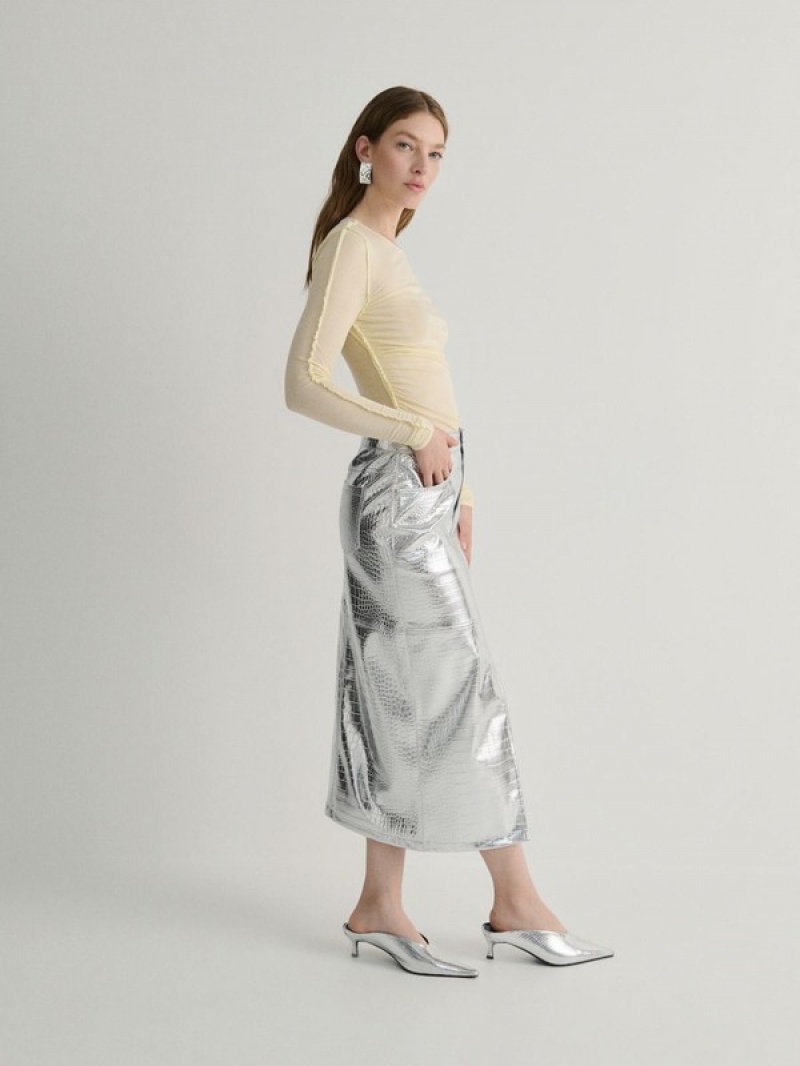 Silver Women's Reserved Metallic Faux Leather Skirts | 86149UTKI