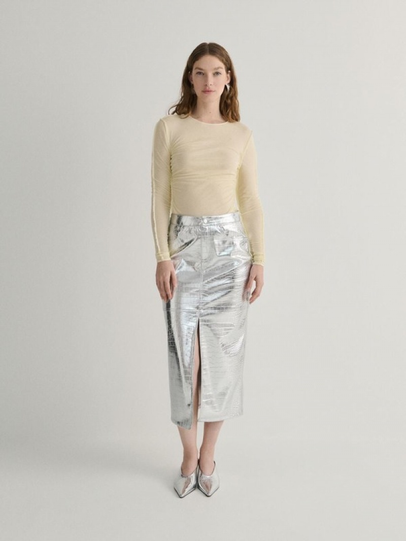 Silver Women's Reserved Metallic Faux Leather Skirts | 86149UTKI