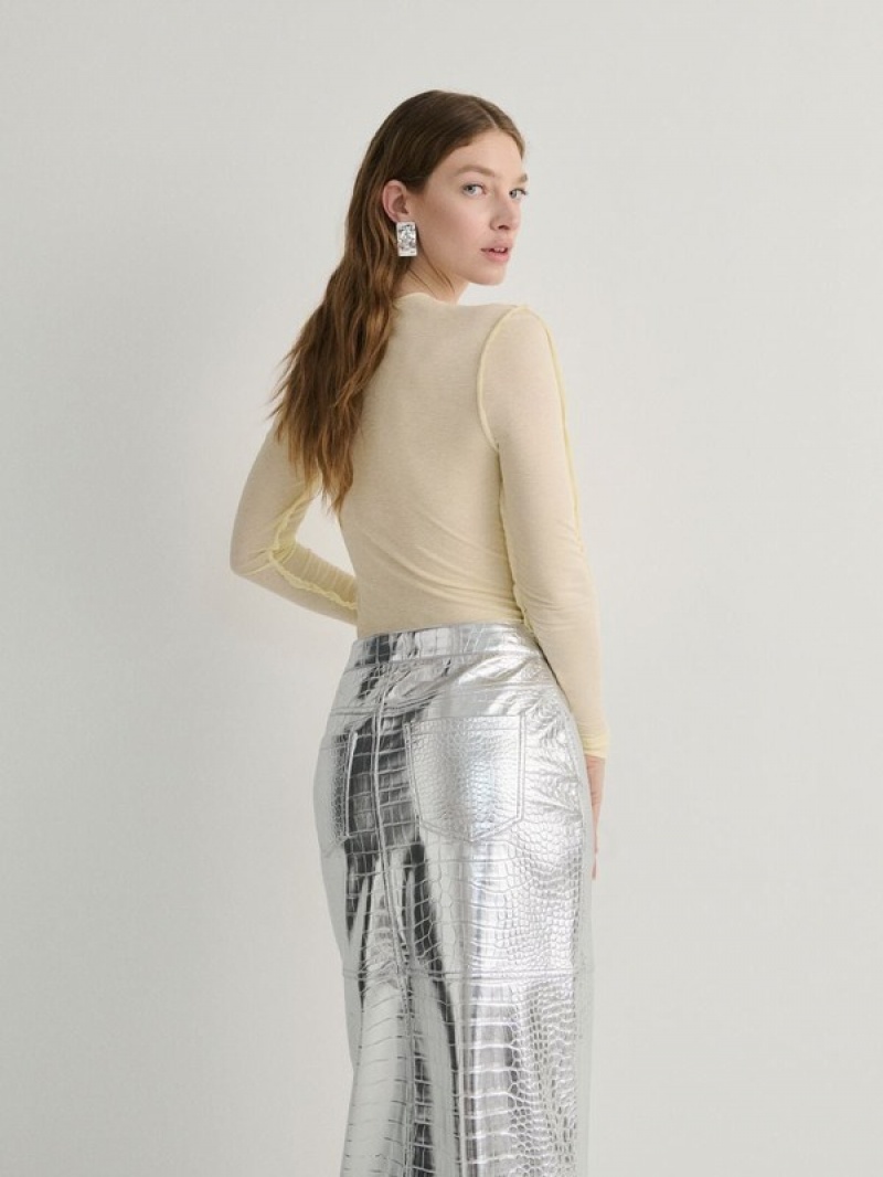 Silver Women's Reserved Metallic Faux Leather Skirts | 86149UTKI