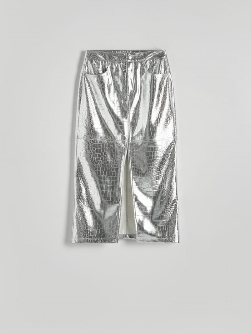 Silver Women's Reserved Metallic Faux Leather Skirts | 86149UTKI