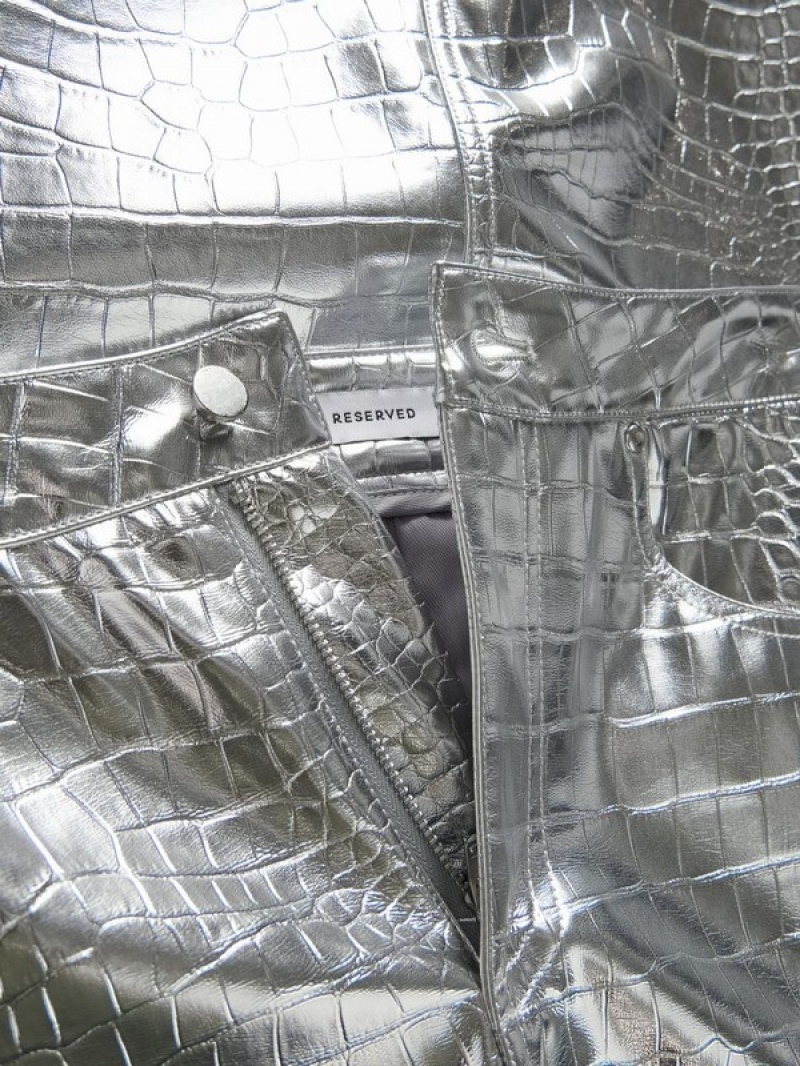 Silver Women's Reserved Metallic Faux Leather Skirts | 86149UTKI