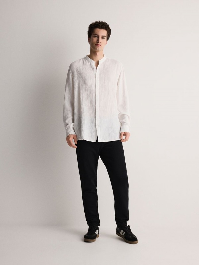 White Men's Reserved Regular Fit Mandarin Collar Shirts | 12579GKPO