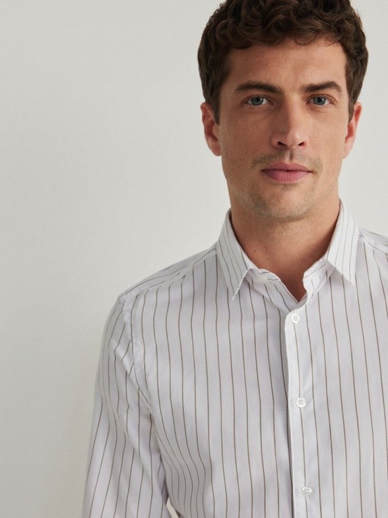 White Men's Reserved Striped Slim Fit Shirts | 32410ADBQ